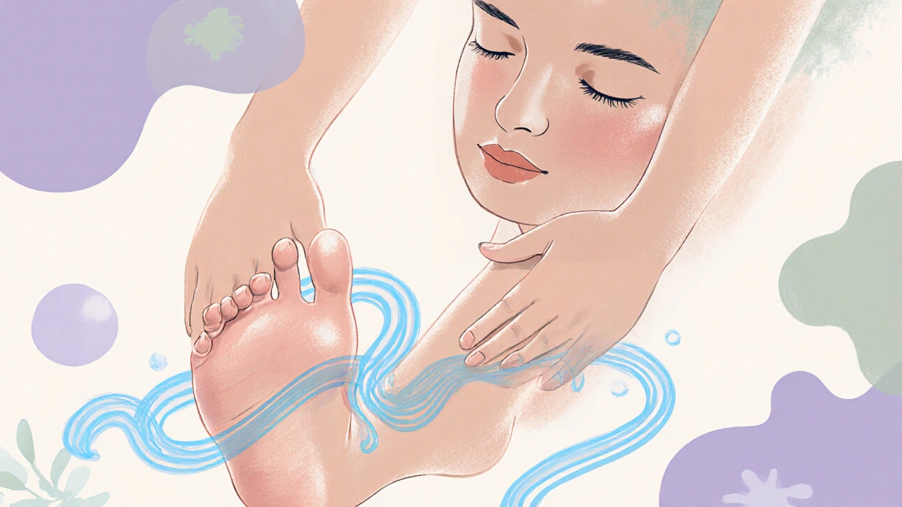 Jemná lymfatická masáž nohou těhotné ženy, kde modré vlny symbolizují odtok tekutin z otoků, zatímco žena uvolněně zavřela oči.