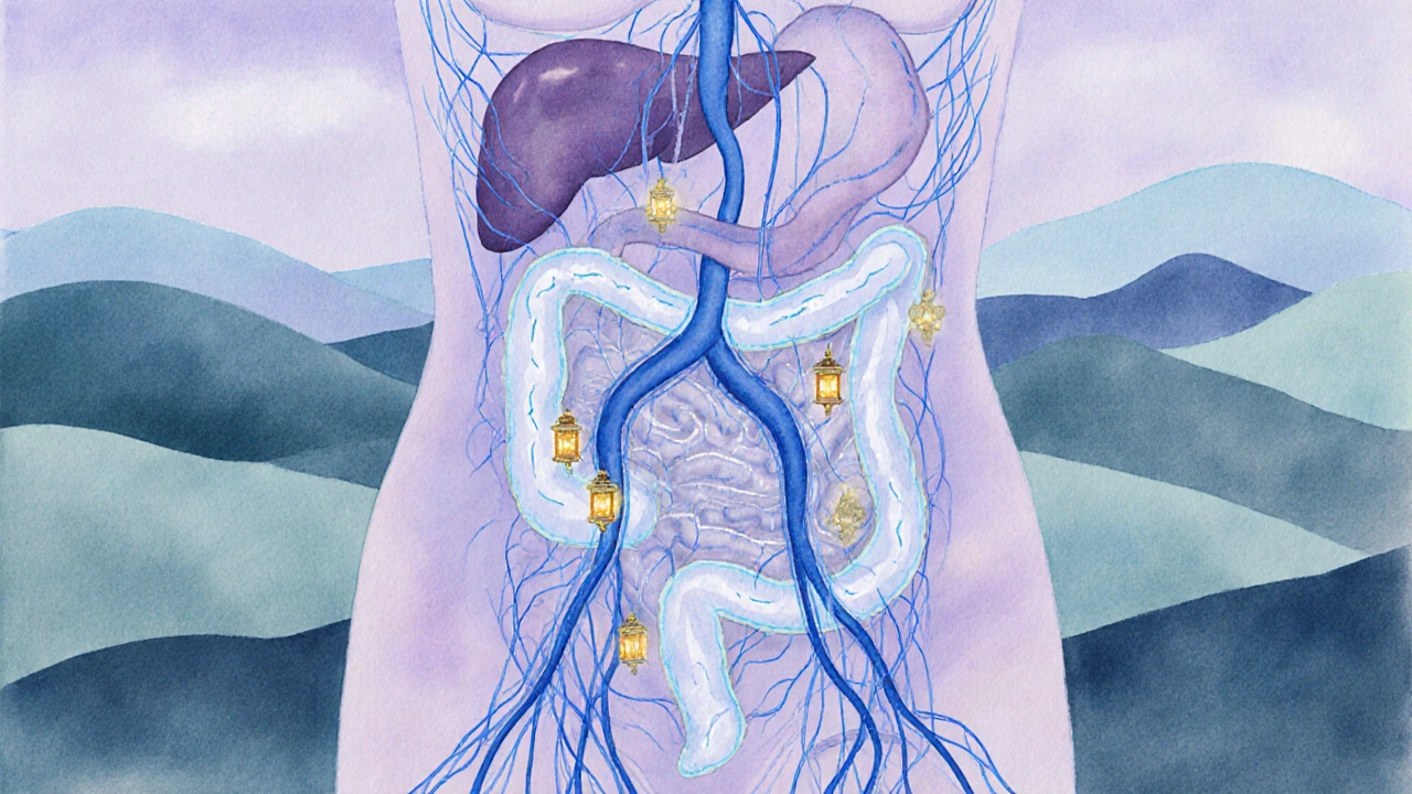 Abdomen jako krajina s jemnými proudy tekutin symbolizujícími pohyb lymfy.