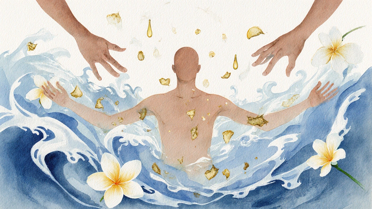 Abstraktní tělo plavoucí ve vlnách energie, doprovázené květinami a kapkami oleje, symbolizující uvolnění.