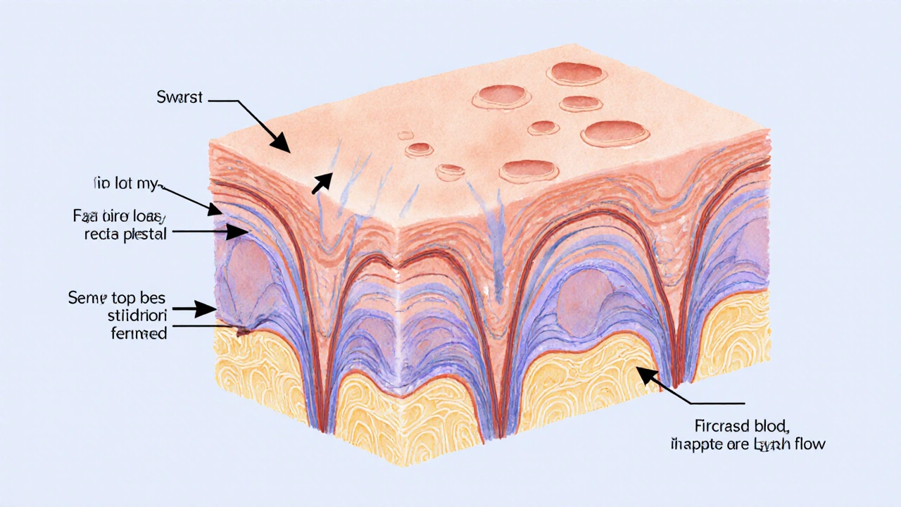 Křížový řez kůže ukazující tukové buňky a spojivovou tkáň s tokem tekutin.