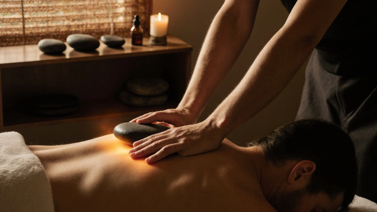 Masér pomalu posouvá horký lávový kámen po zádech klienta v tiché místnosti.