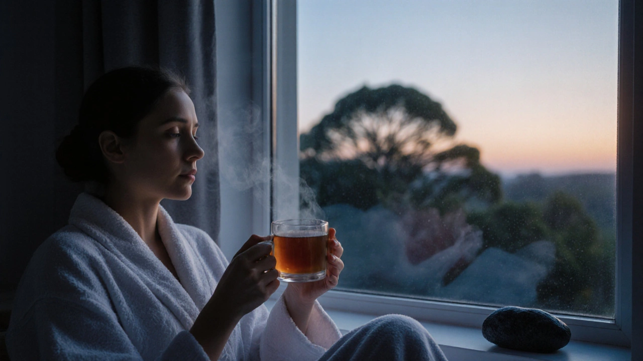 Osoba po masáži sedí u okna s hrnkem čaje, stále cítí teplo z kamenů v klidném večerním světle.