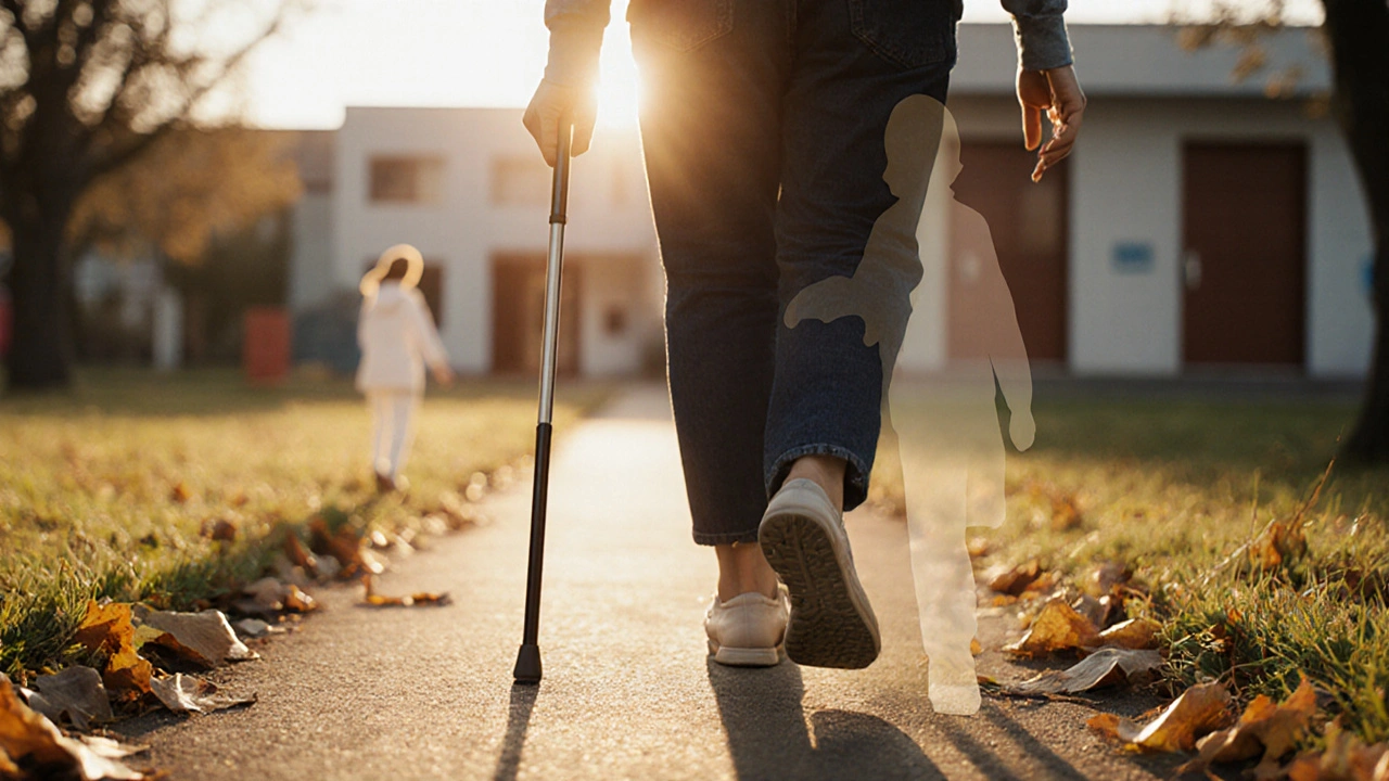 Pacient bez bolesti kráčí po cestě, opuštěná hůl leží na zemi, symbolizující obnovu pohybu po rehabilitaci.