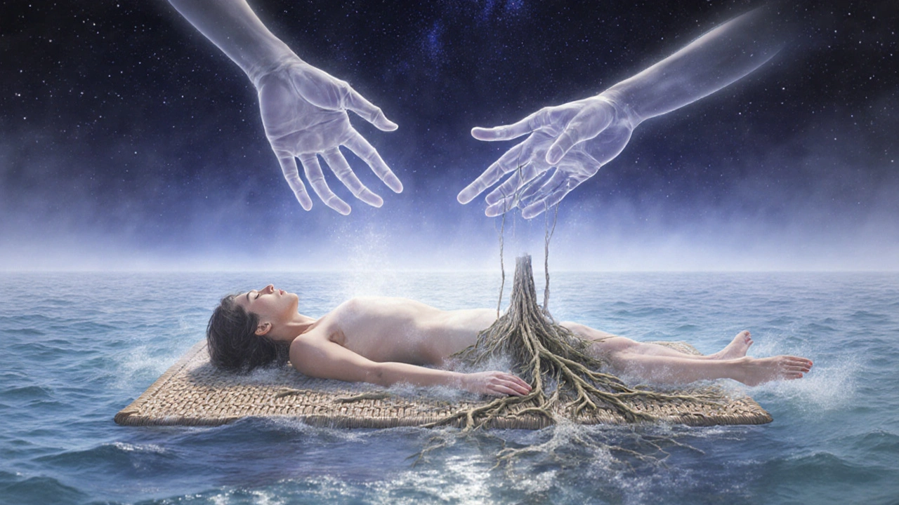 Postava pod hvězdnou oblohou se mění v oceánské proudy, zatímco světelné ruce provádějí léčebný pohyb.