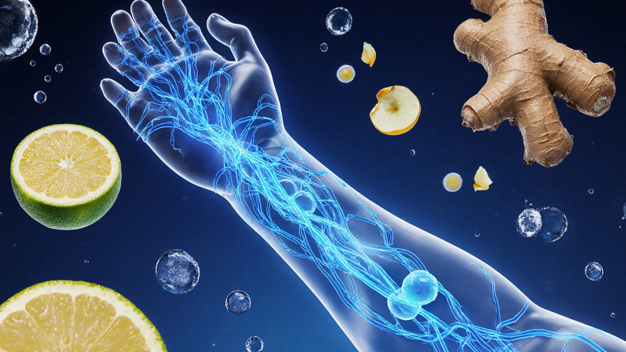 Přehledný náčrt lymfatického odtoku v paži s přirozenými látkami.