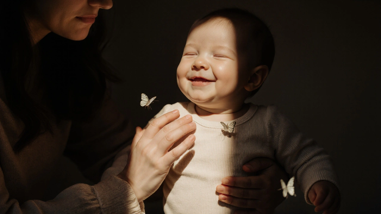 Rodič se dotýká záda dítěte jemnými pohyby, jako by létaly motýlci.