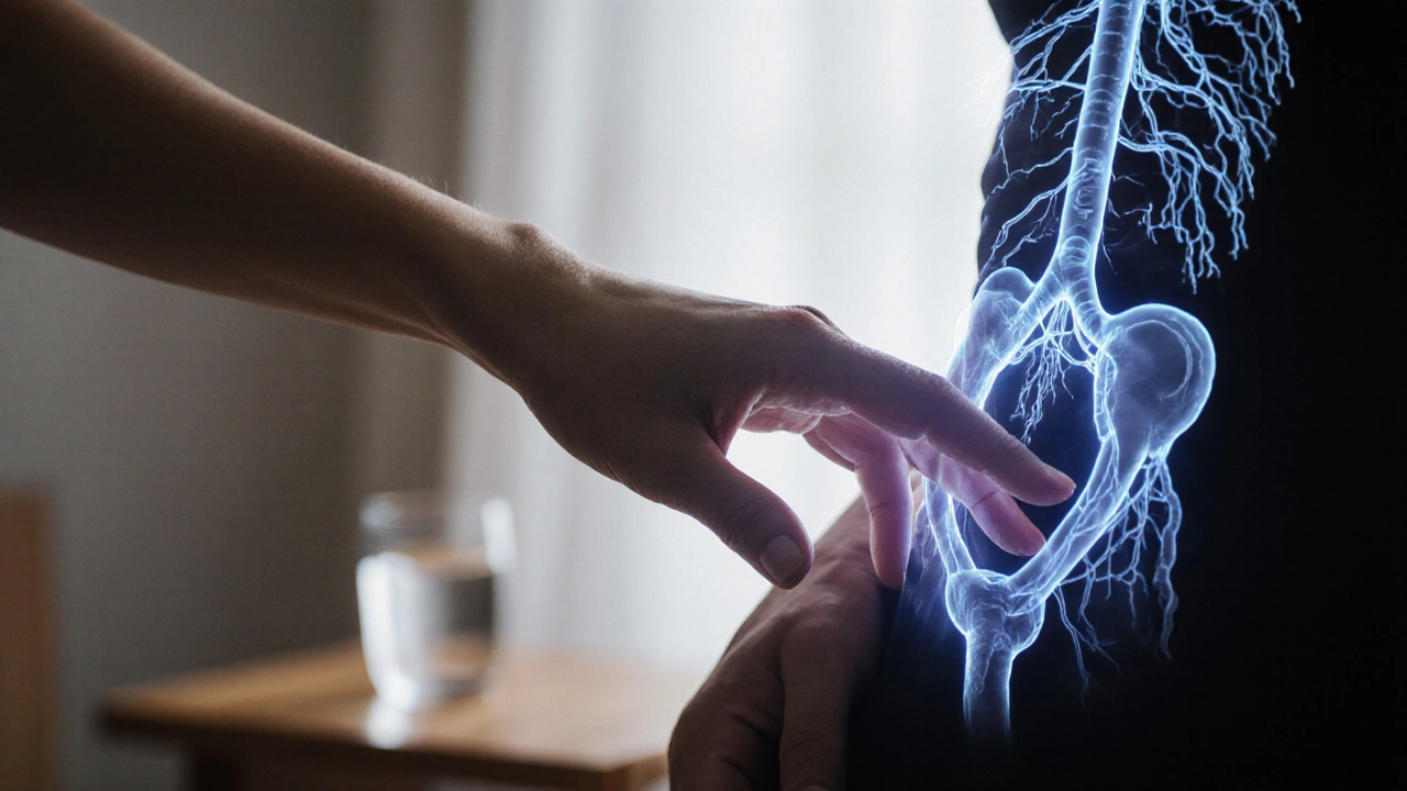 Ruka jemně masíruje břicho s jemným zářivým vztahem k lymfatickému systému.