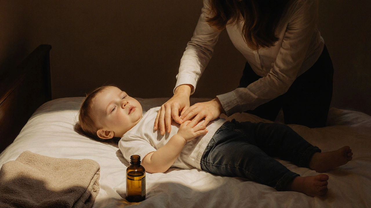 Těhotná matka provádí kruhové pohyby na bříšku dítěte večer v posteli.