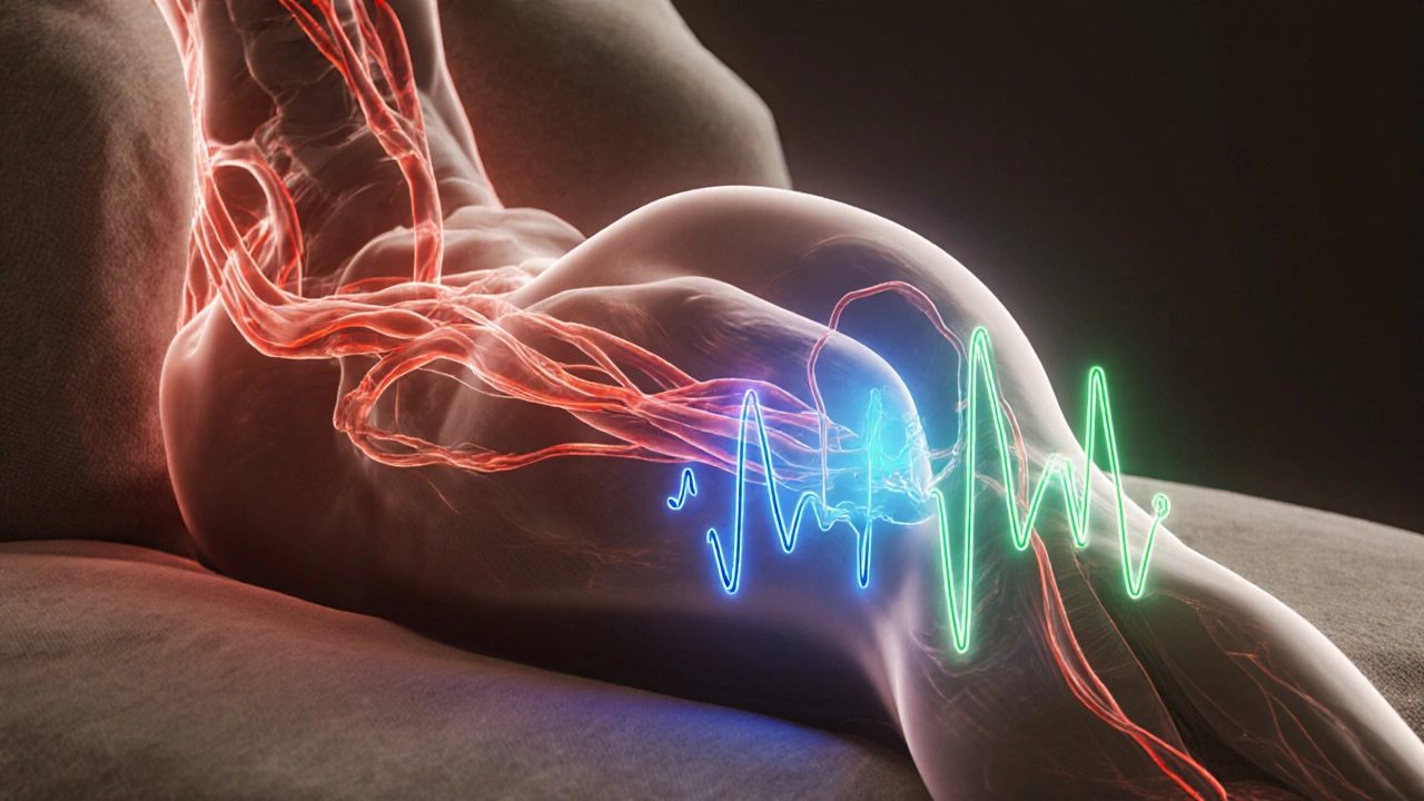 Transparentní anatomický náčrt ukazující zlepšení krevního oběhu a uvolnění svalového napětí v zádech a kolenu.