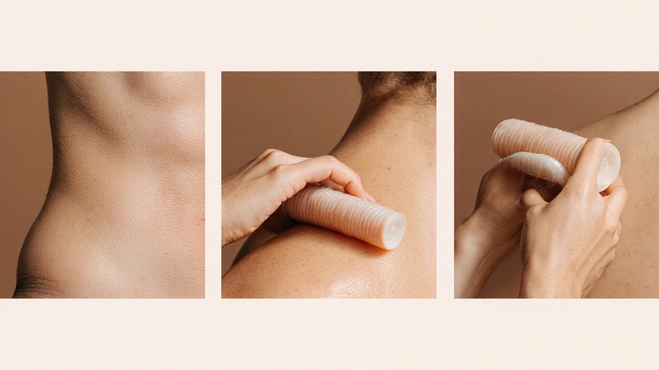 Tři fáze vývoje kůže: od textury celulitidy k hladkému vzhledu po masáži.