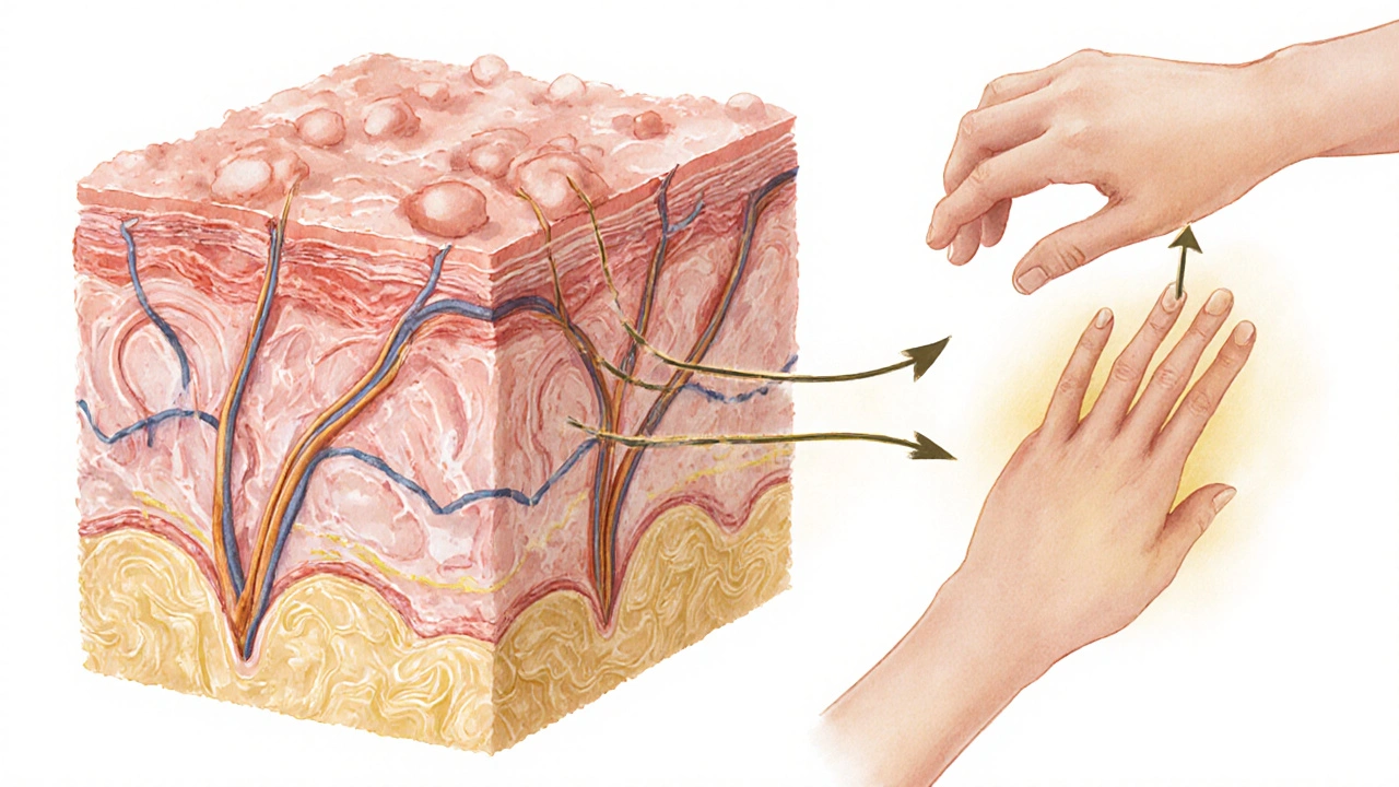 Upravený náčrt podkožní tkáně s lymfatickými cestami aktivovanými masáží.