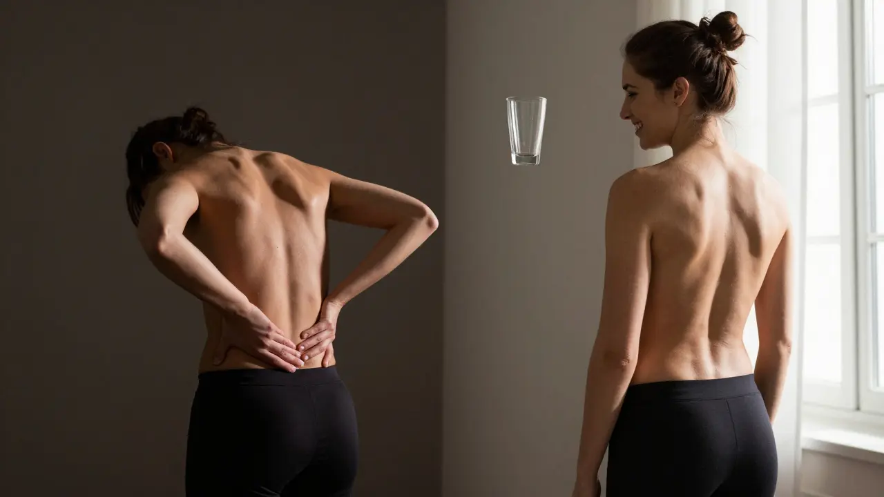 Dvě strany obrázku: bolestivý hnutí na levé straně a volný, šťastný postoj na pravé straně s baňkou ve středu.