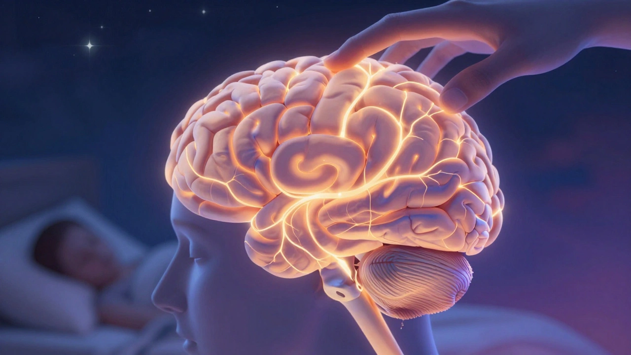 Koncepční znázornění mozku, který reaguje na masáž hlavy světlem a klidem před spánkem.