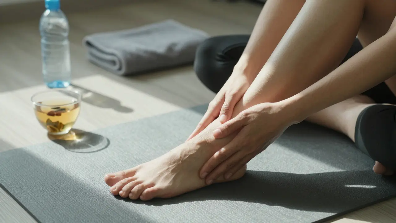 Osoba provádí lymfatickou masáž na noze s čajem na stole