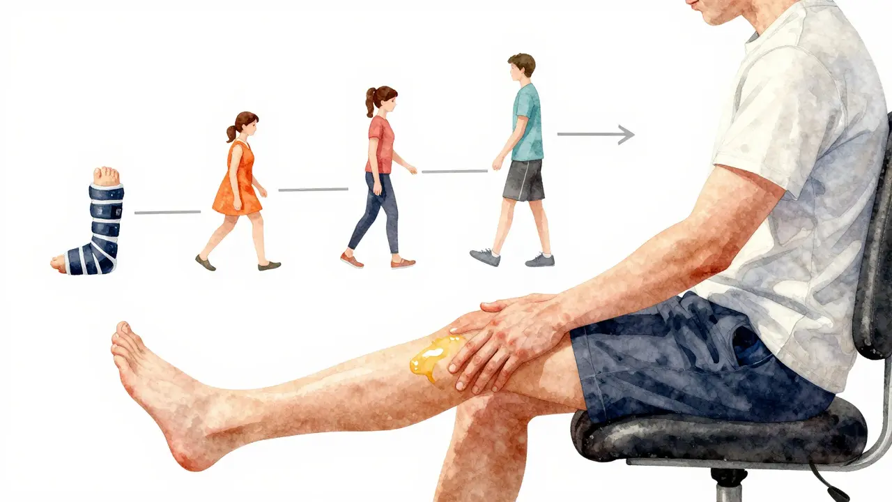 Postupné hojení od gipsu k chůzi, znázorněné jemnými vodovými barvami.