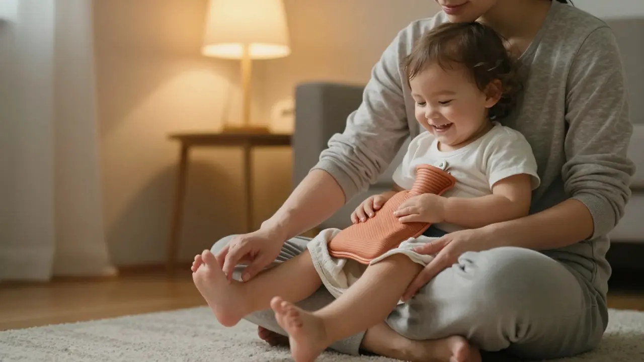 Rodič pohybuje nožkami batolátu jako při jízdě na koni, dítě se usmívá.