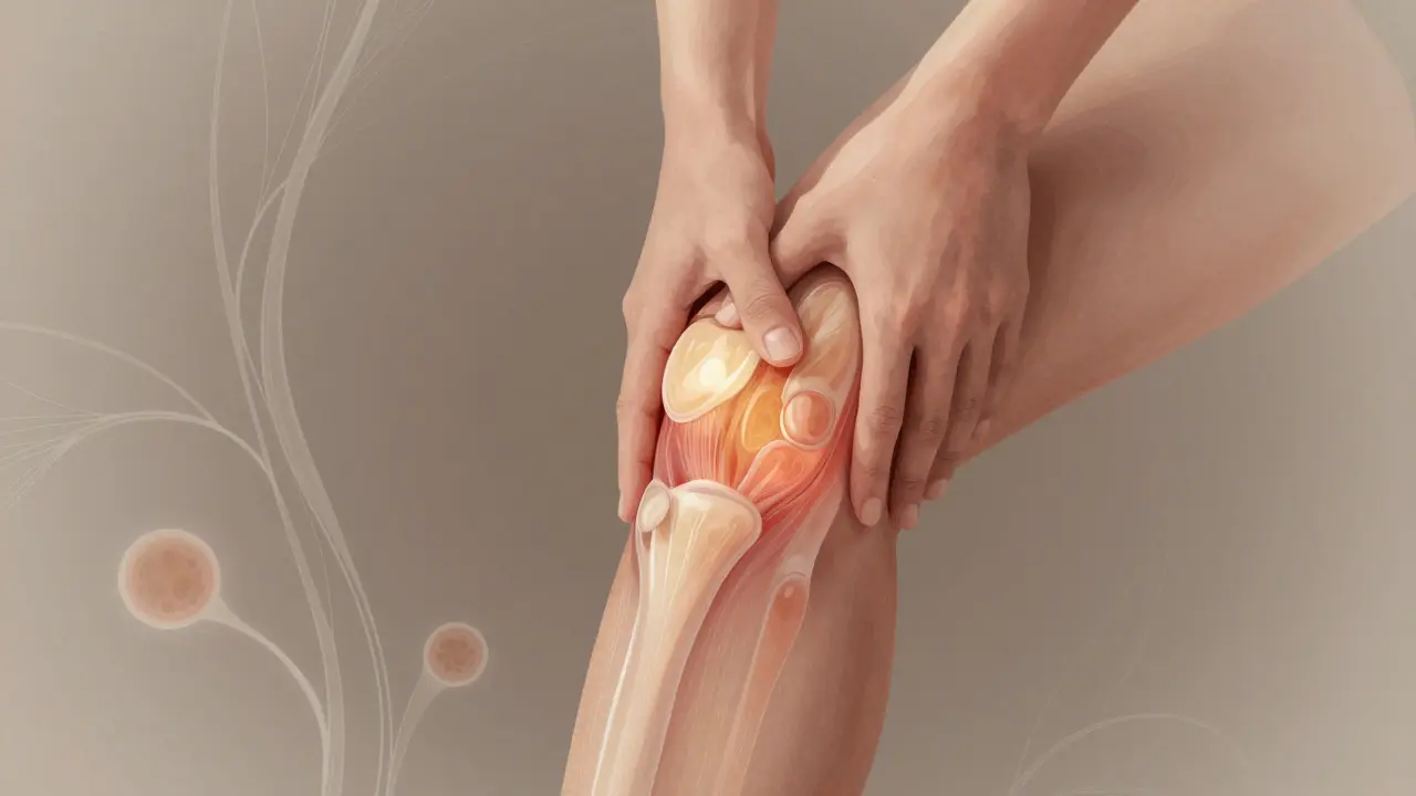 Ruka jemně masíruje šlachy u kolena, s viditelným zlepšením tkáně.