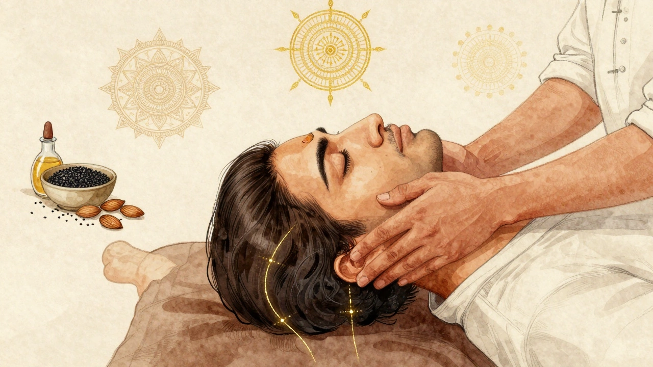 Tradiční indická masáž hlavy podle ayurvédské praxe s jemnými pohyby na klíčových energetických bodech.