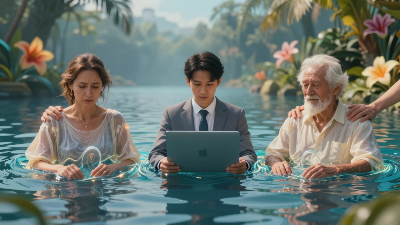 Tři lidé plavají v mírném moři světla, symbolizující uvolnění a znovunalezení sebe.