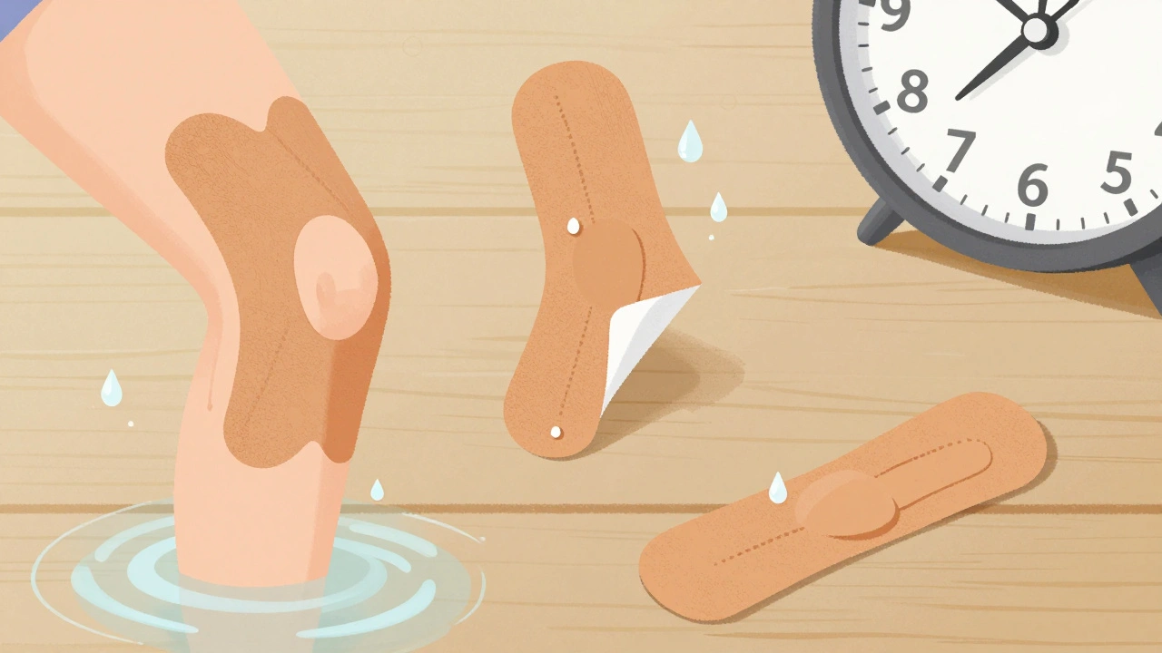 Tři tejpy v různých fázích použití: nový, částečně odlepující se a odstraněný, s vodou a časem.