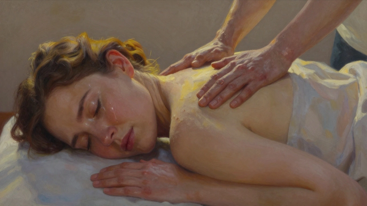 Žena během lomi lomi masáže s očima zavřenými a slzami na tváři, klidně ležící na stole.