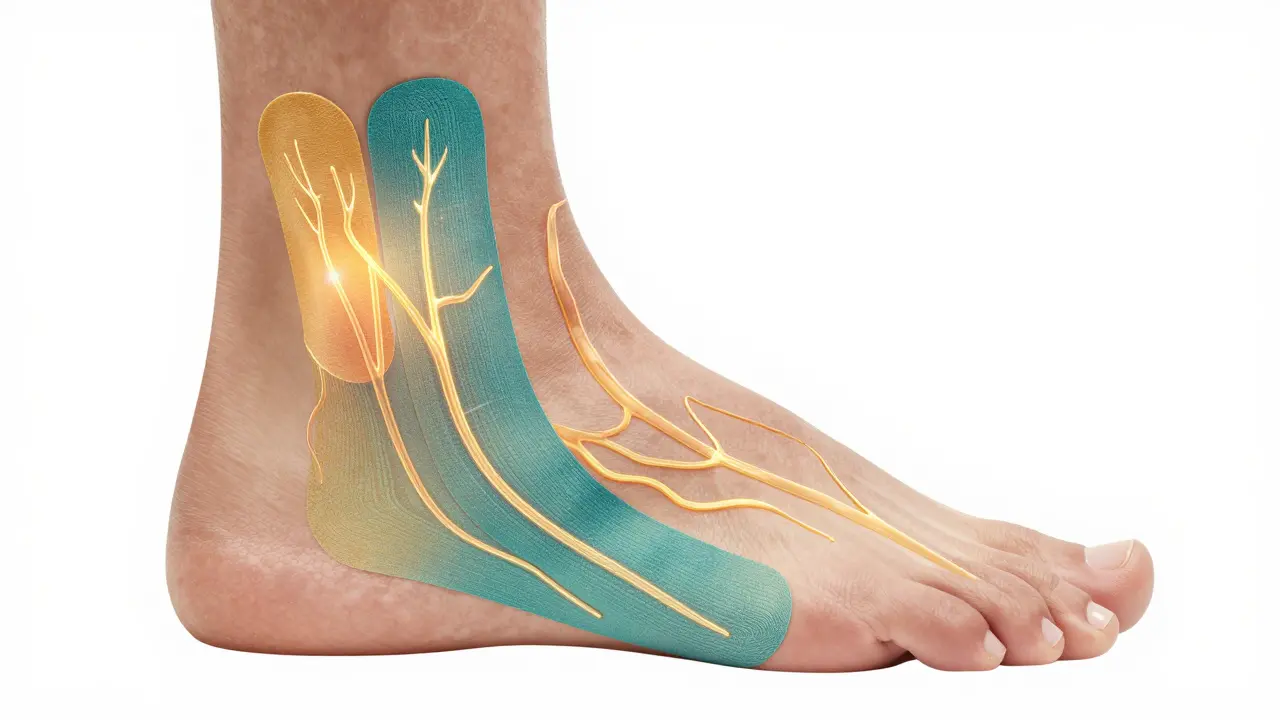 Abstraktní znázornění nohy s proudy krve a lymfy aktivovanými tejpem.