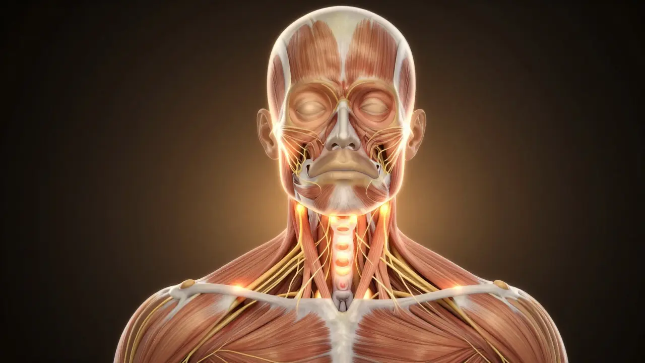 Anatomický náčrt s označenými trigger body spojenými s migrénou.