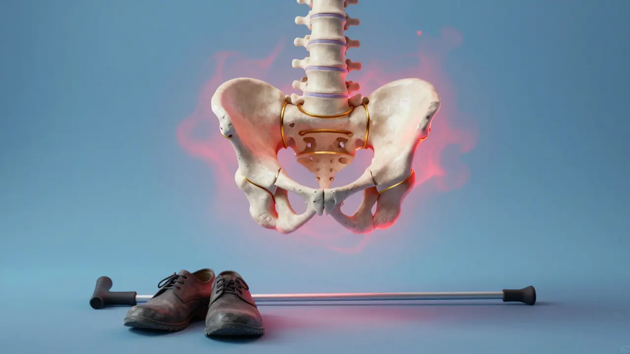 Anatomický náčrtek kyčle s vyrovnávajícími se silami, bolest se mění v klid.