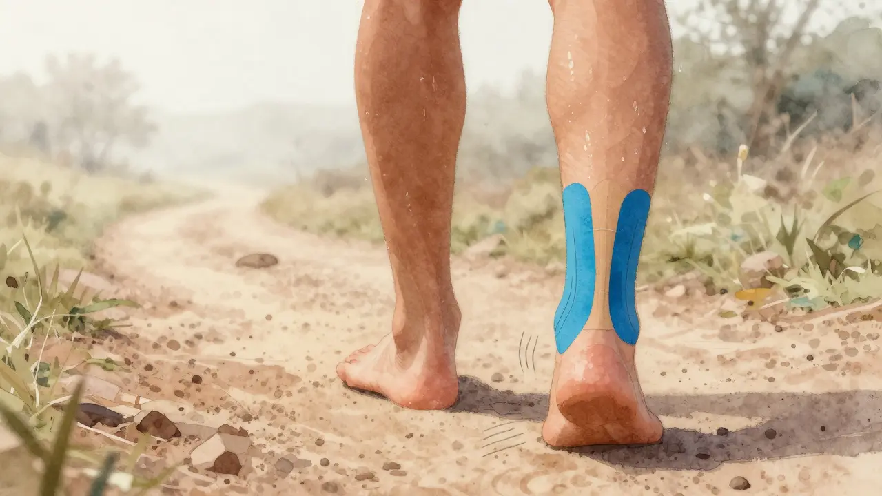 Běžec s natáhlým tejpem na noze stojí na cestě, podpora paty je viditelná.