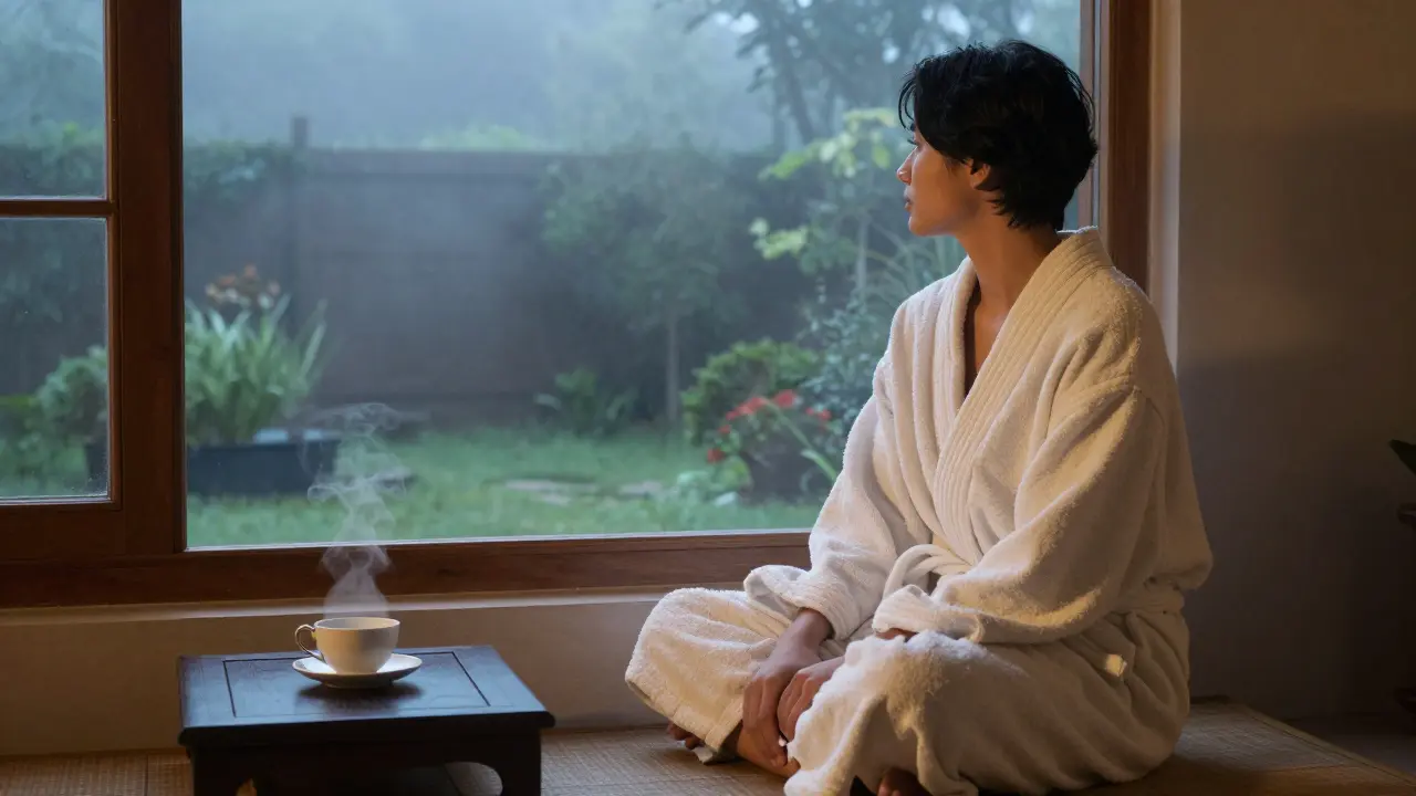 Člověk po ájurvédské masáži klidně pozoruje východ slunce z okna v klidném prostředí.