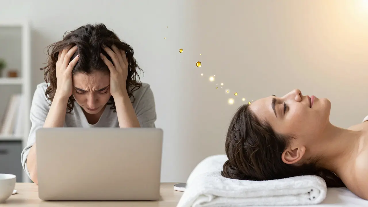 Dvojitá scéna: stresovaná osoba naproti uvolněné po masáži hlavy, symbolizující přechod od napětí k klidu.