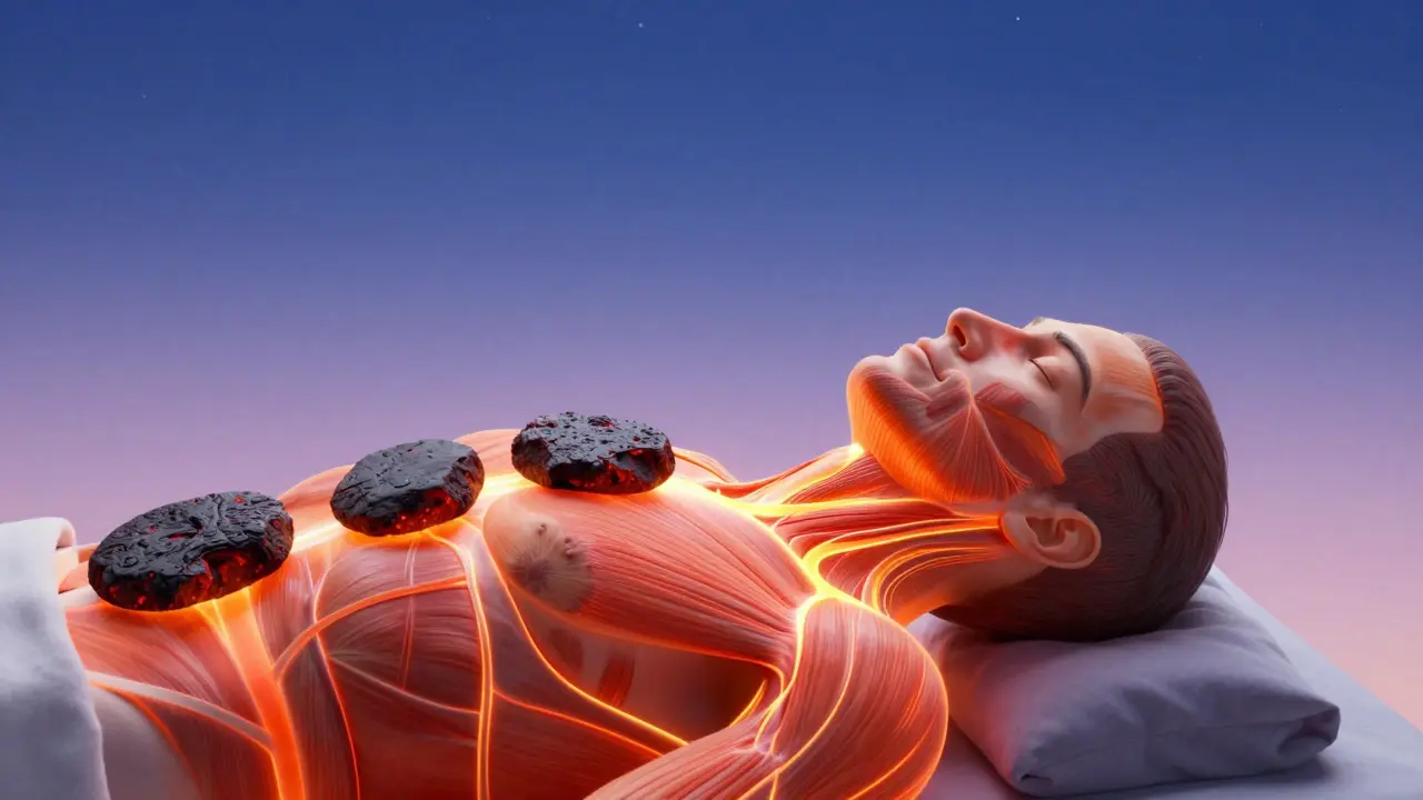 Grafické znázornění hlubokého pronikání tepla z kamenů do svalů a uklidnění myšlenek.