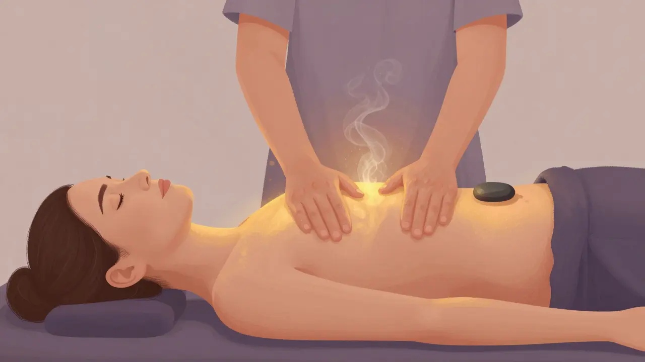 Holistická masáž: masér dotýká břicha, hrudníku a zád, klient dýchá klidně.
