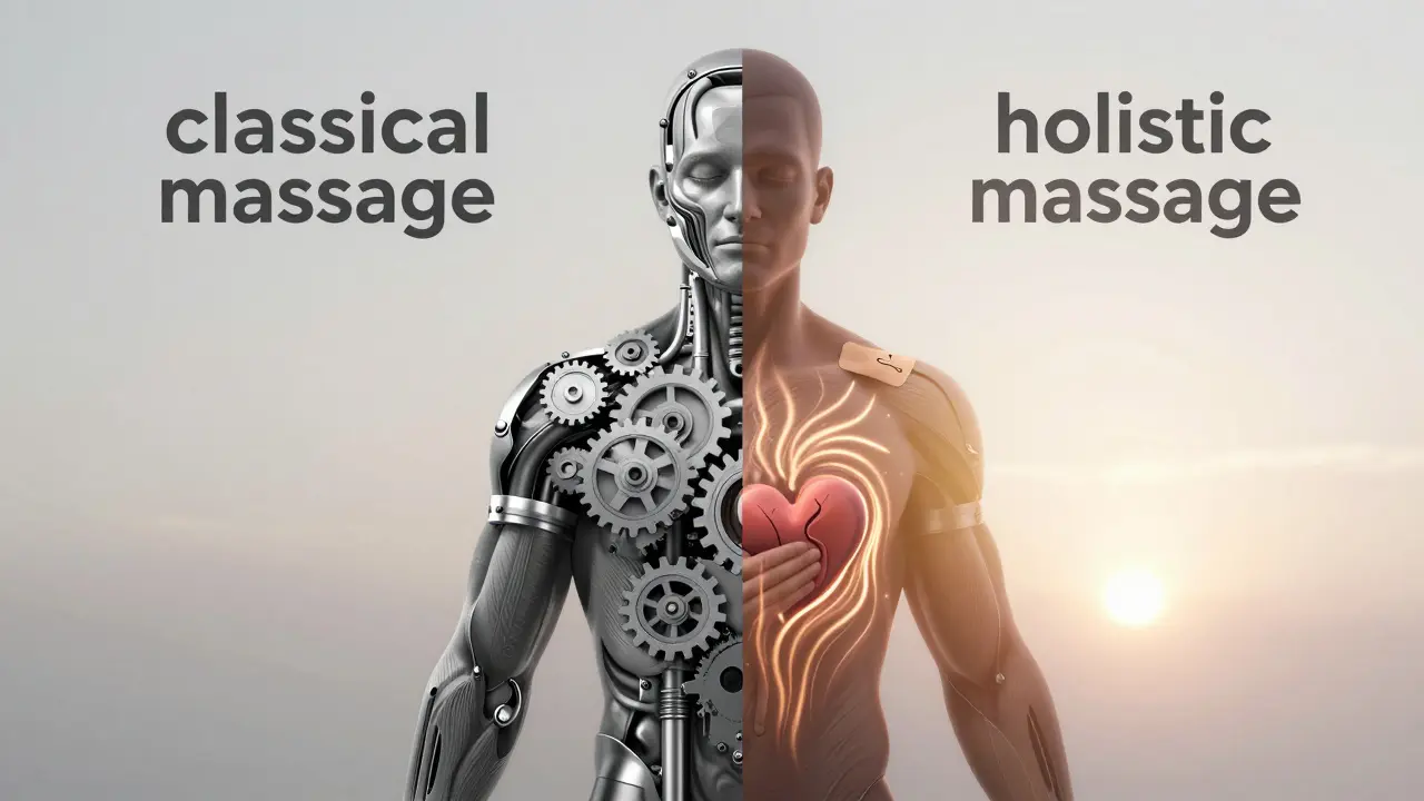 Konceptuální obrázek rozdílu mezi klasickou a holistickou masáží.