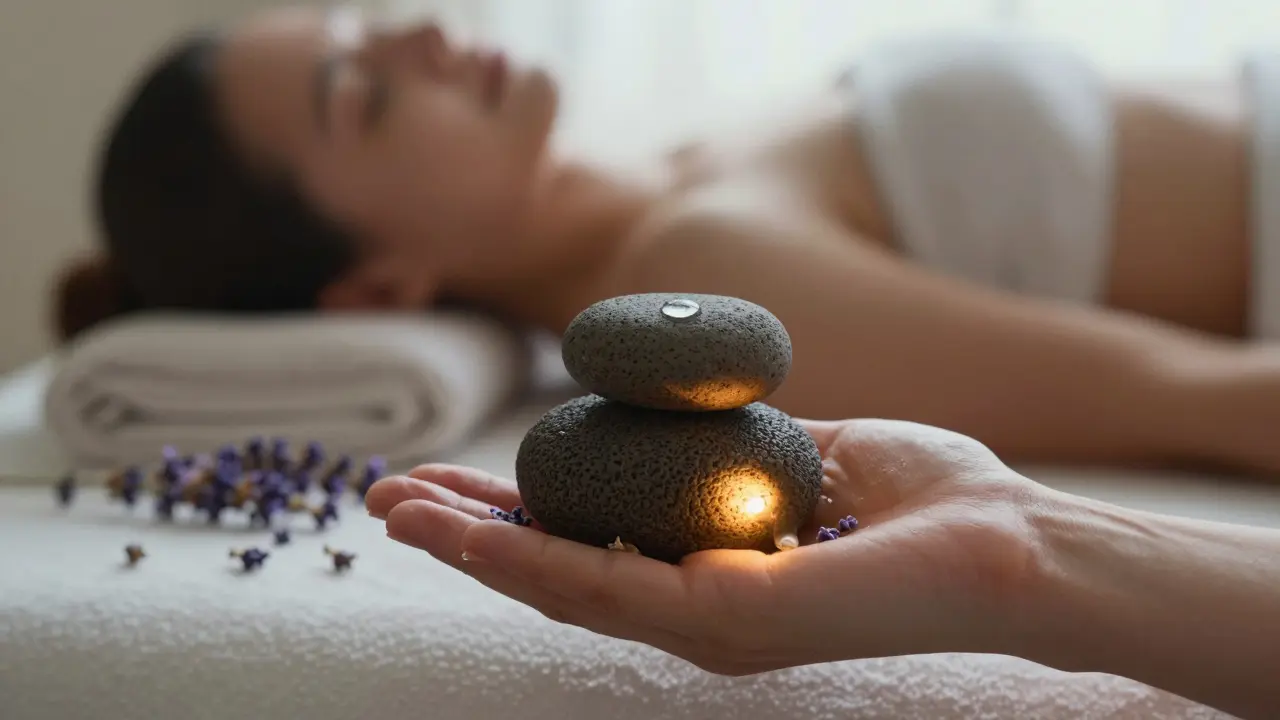 Lávové kameny na dlaní s lavandou a kapičkou vody, symbolizující klid a obnovu.