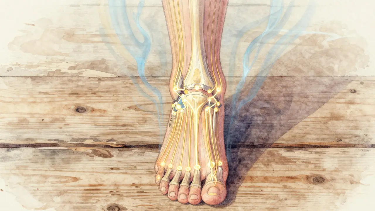 Náčrt chodidla s označenými reflexními body spojenými s klouby zlatými čarami.