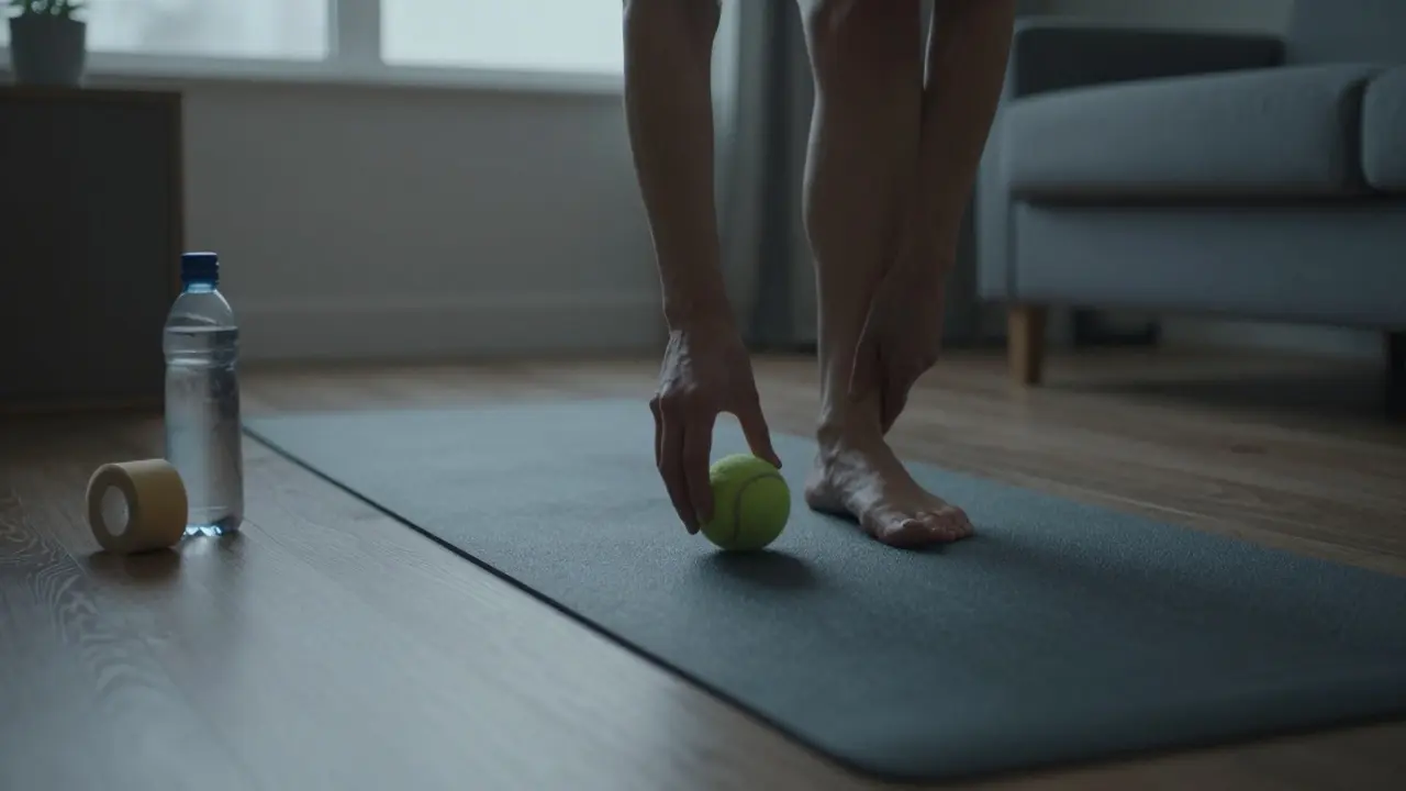 Osoba uvolňuje kříž doma pomocí tenisové koule na podlaze.