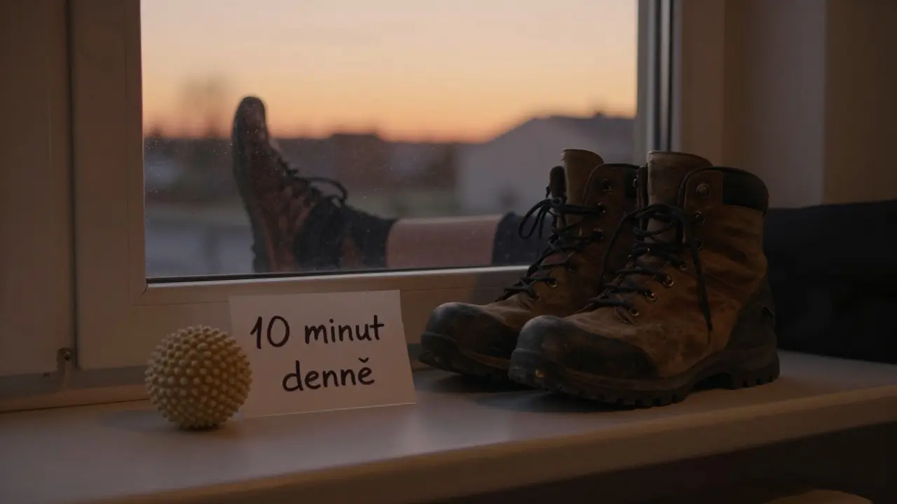 Pára bot a masážní koule na okně s rukou psanou poznámkou o denní masáži.