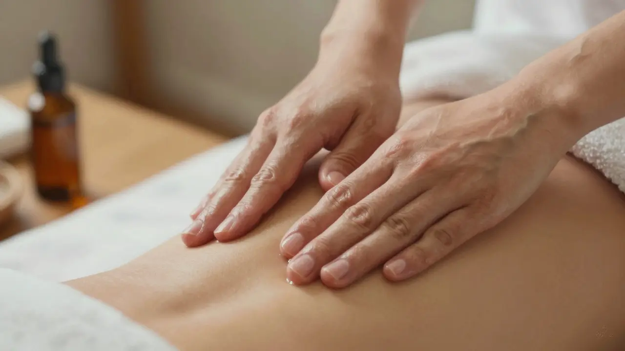 Ruce provádějí jemné, rytmické pohyby podél předloktí směrem k podpaží.