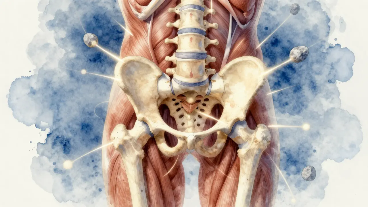 Schematic znázorňuje napjaté svalové uzly v kříži a jejich spojení s celým tělem.