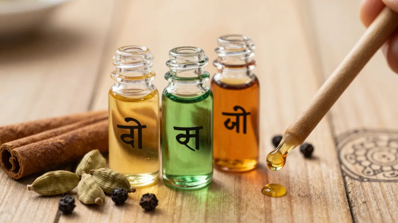 Tři lahvičky s přírodními bylinnými oleji a sušenými kořenmi na dřevěném stole.