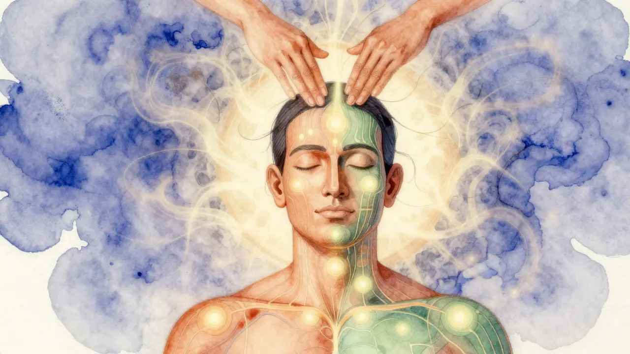 Umělecká ilustrace energetických toků a akupresurních bodů na hlavě a krku v jemných pastelových barvách.