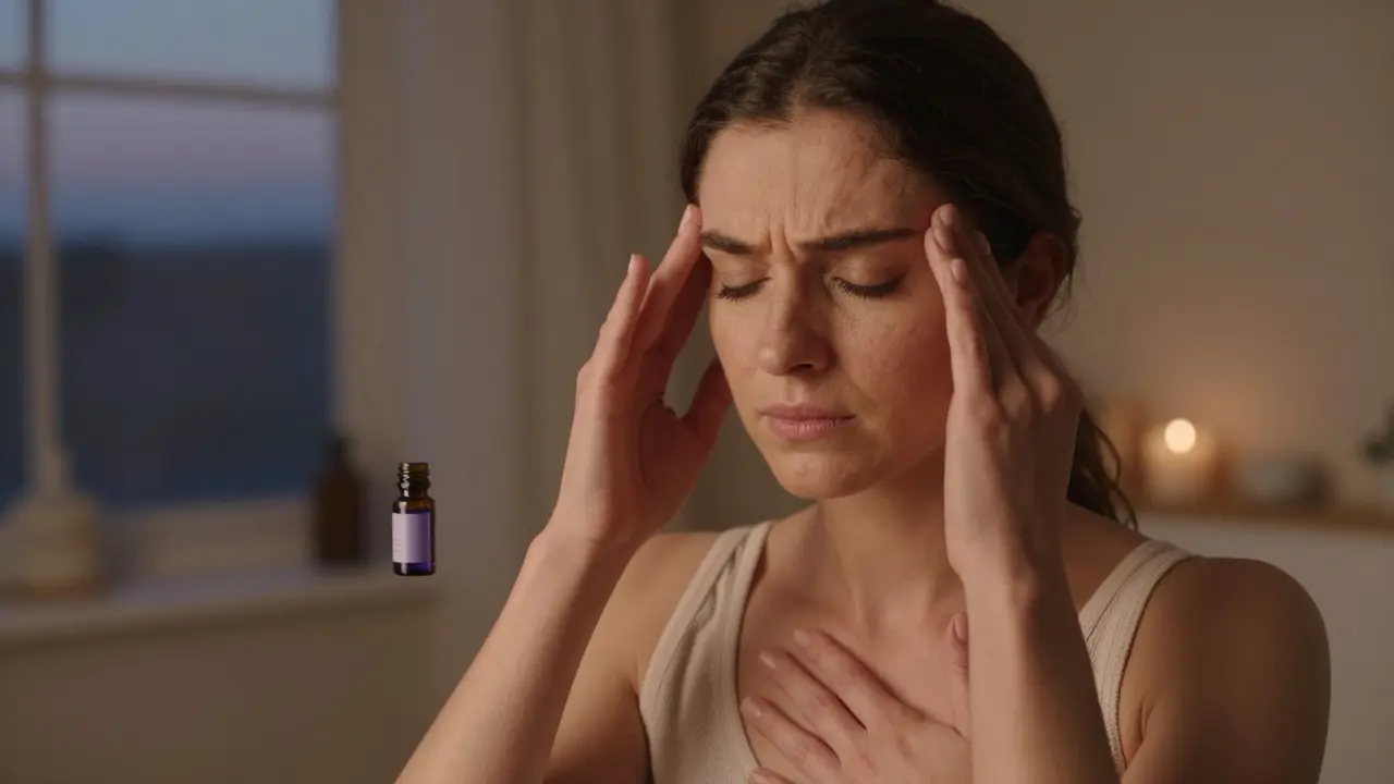 Žena si doma masíruje čelo a uvolňuje napětí v klidu.