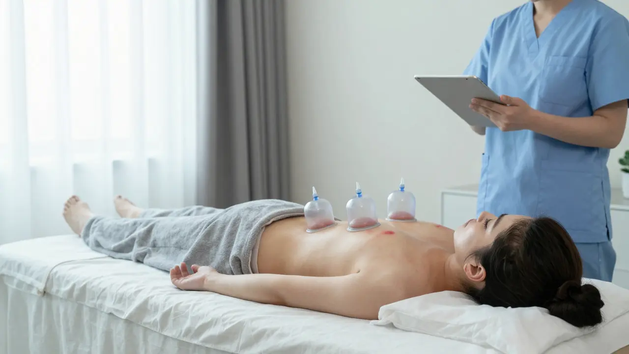 Moderní seance baňkování na zádech s průhlednými plastovými baňkami v klidném wellness prostředí.