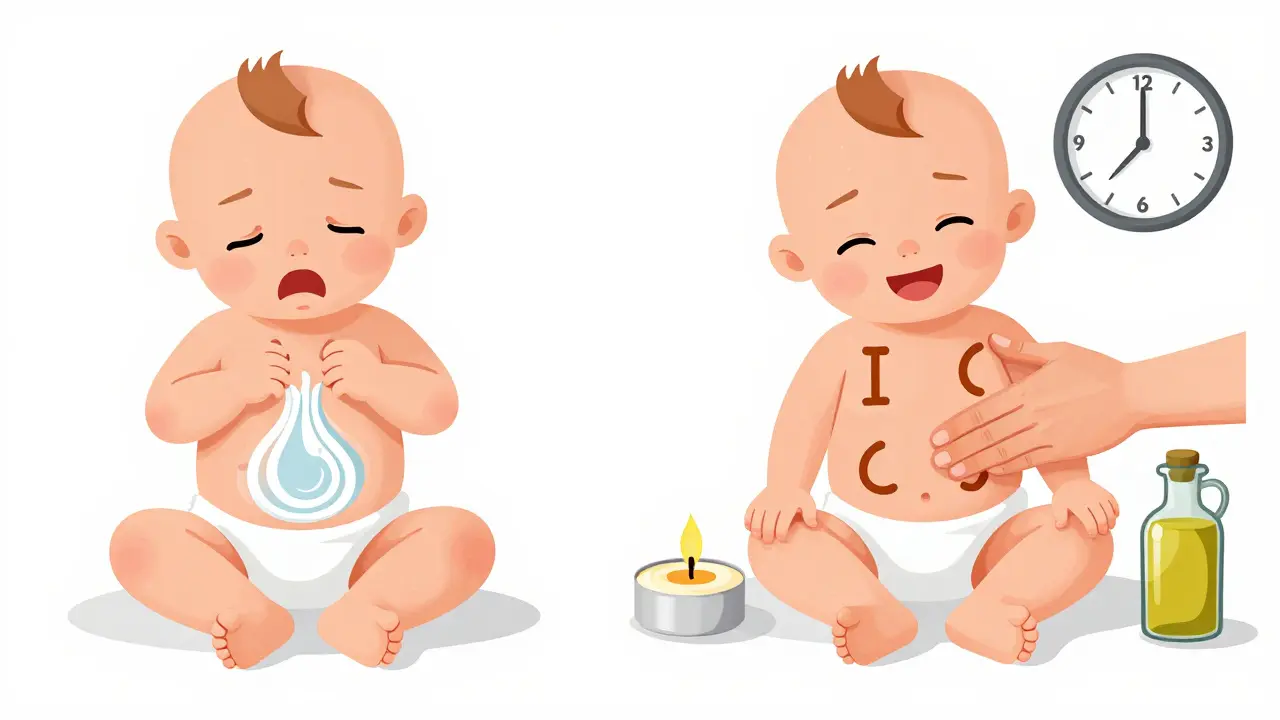 Porovnání dítěte v bolesti a po masáži s ukázkou správných pohybů.