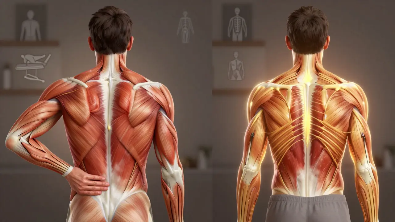 Porovnání před a po léčebné masáži s anatomickými vlivy na svaly a oběh.