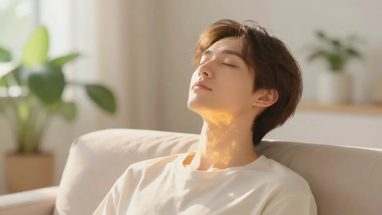 Relaxovaná osoba s teplým zářením kolem krku a hlavy