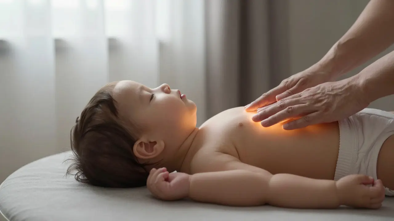 Rodič jemně hladí záda batolata, které je klidně spavé.