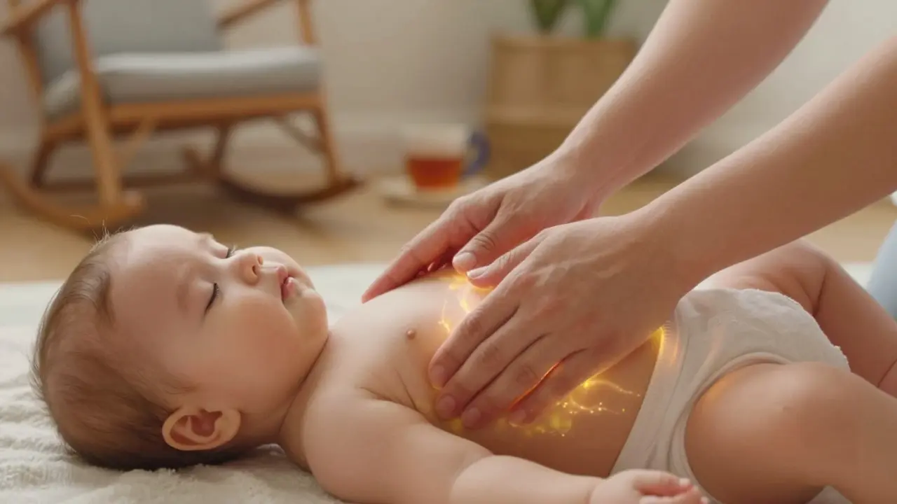 Tepelné ruce provádějí masáž bříška dítěte, které je klidné a uvolněné.