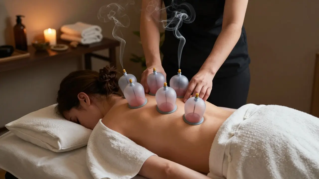 Terapeut při baňkování na zádech klienta v klidném wellness prostředí s kouřem bylin.